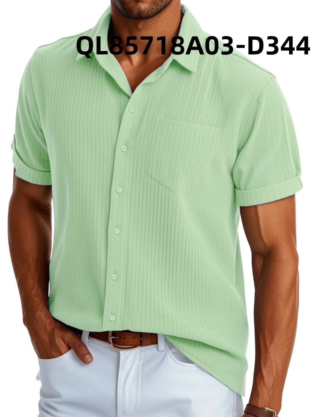 Man wearing a loose-fitting black and white printed short sleeve lapel shirt made of polyester.