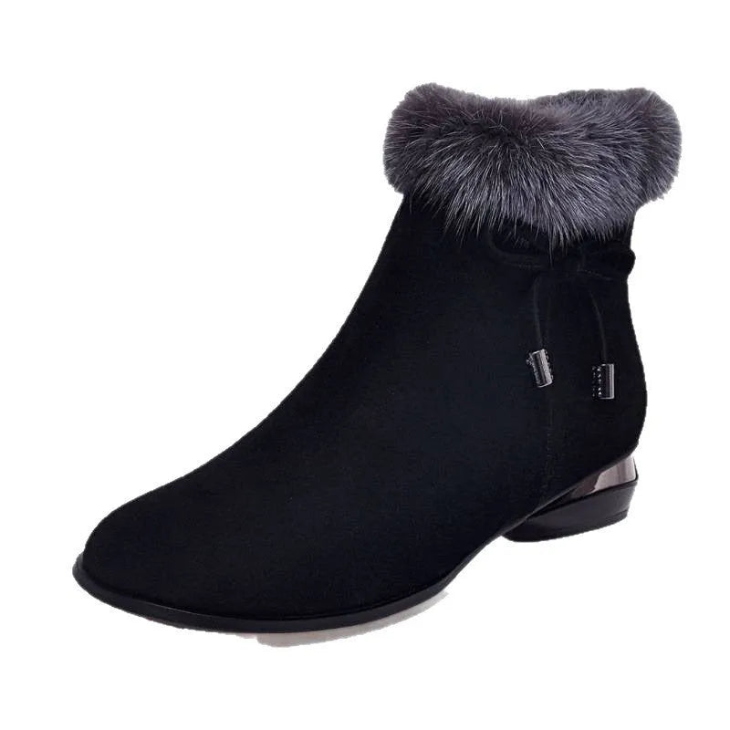 Women's fleece lined round toe short boots in black, side zipper, low heel, solid colour