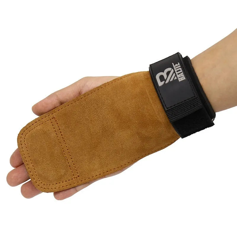 Brown neoprene wrist protectors with adjustable strap, shown on a pull-up bar.