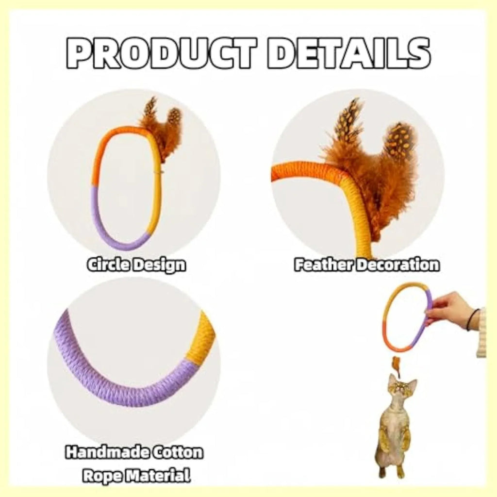 Green circular cotton rope cat toy with feathers attached, shown next to purple version