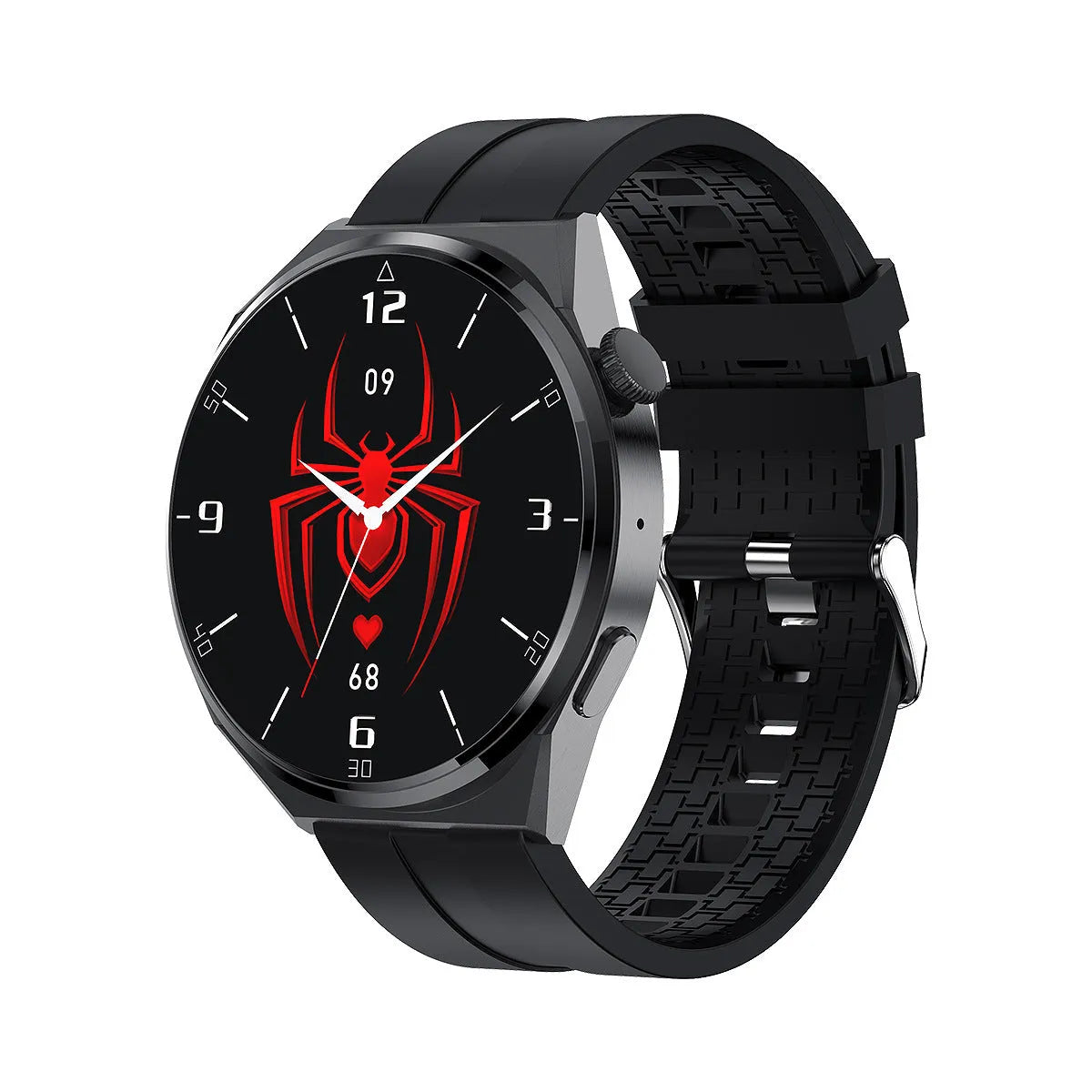Adult smart watch in black with TFT screen showing heart rate and step count on wrist