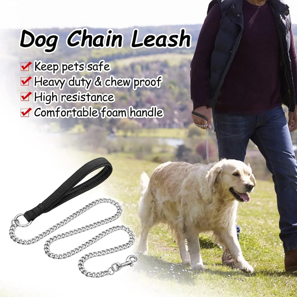 Heavy duty metal dog leash with chew-proof chain and soft blue padded handle.