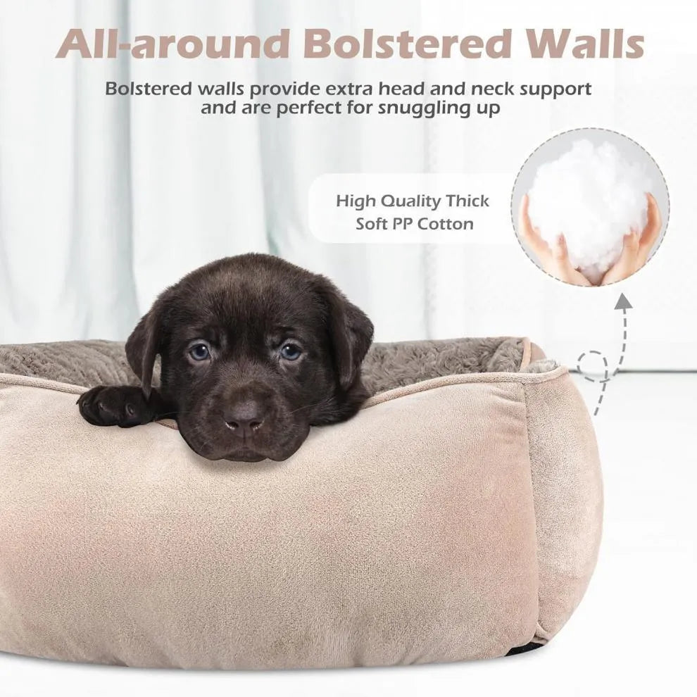 Beige plush kennel-style pet bed for dogs or cats, showing enclosed sides and soft cushioning.