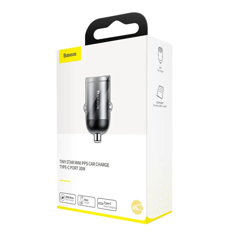 Grey Baseus mini car charger with single USB port and attached 1 metre cable.
