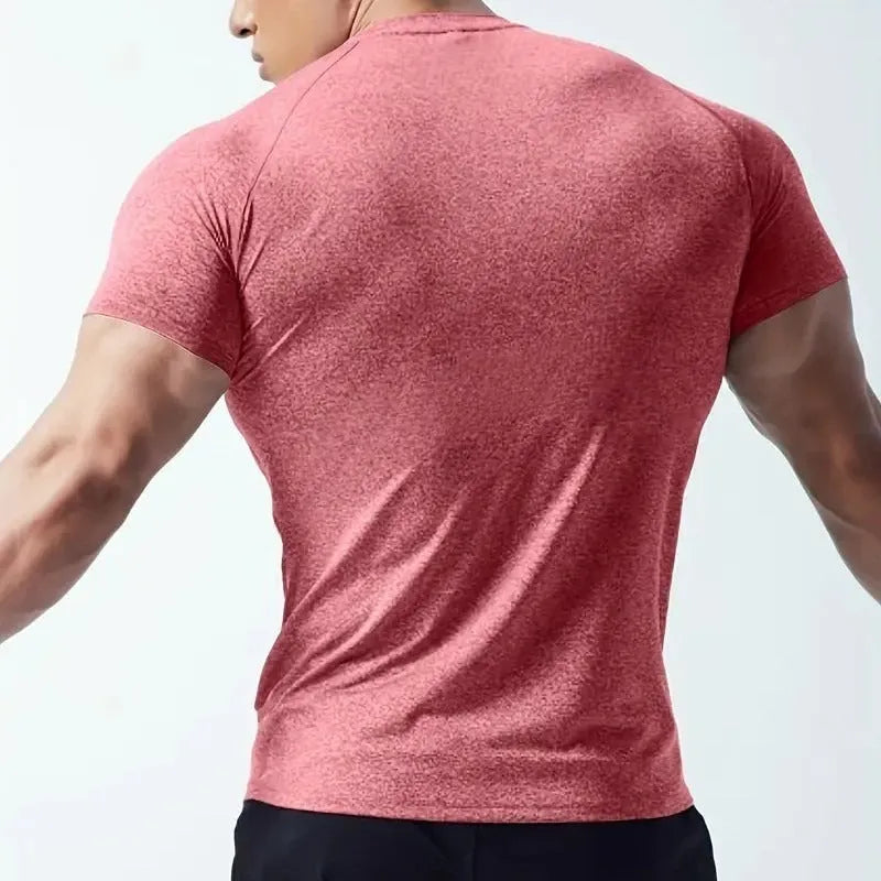 Men's tight stretch round neck short sleeve t-shirt in grey polyester fabric.