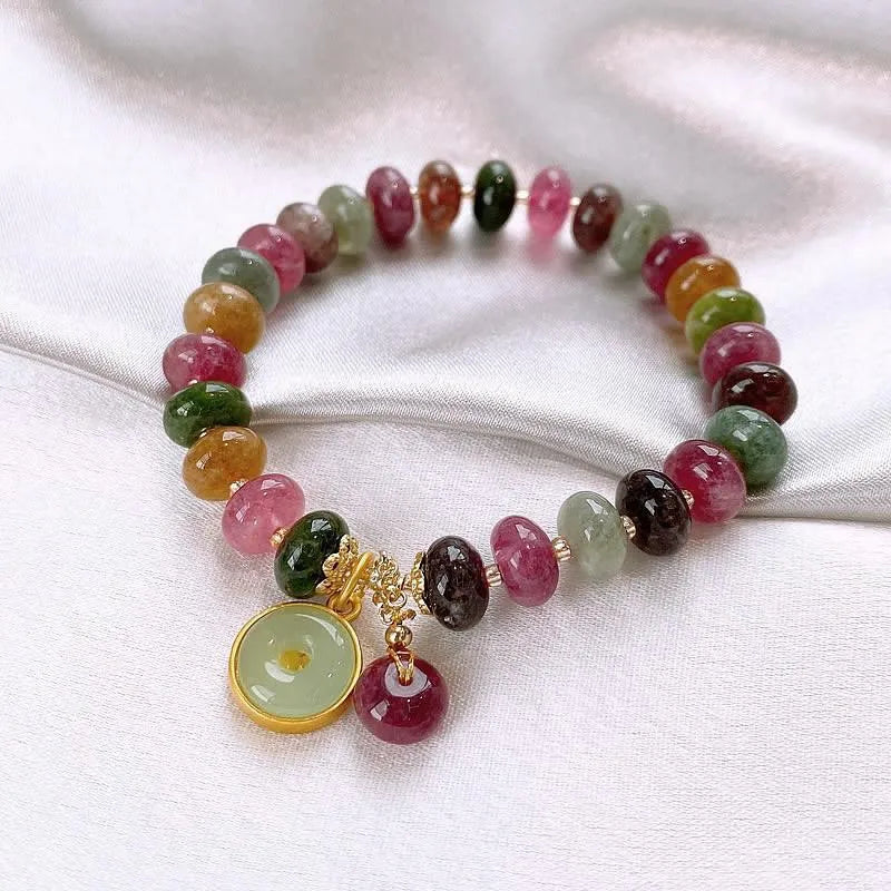 Handmade colourful tourmaline bracelet with rabbit pendant and round abacus beads