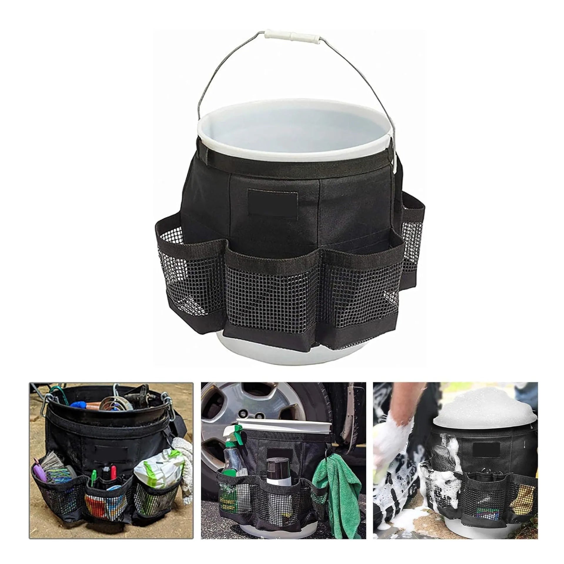 Black cylindrical polyester hanging storage bag fitted on a 5-gallon barrel.