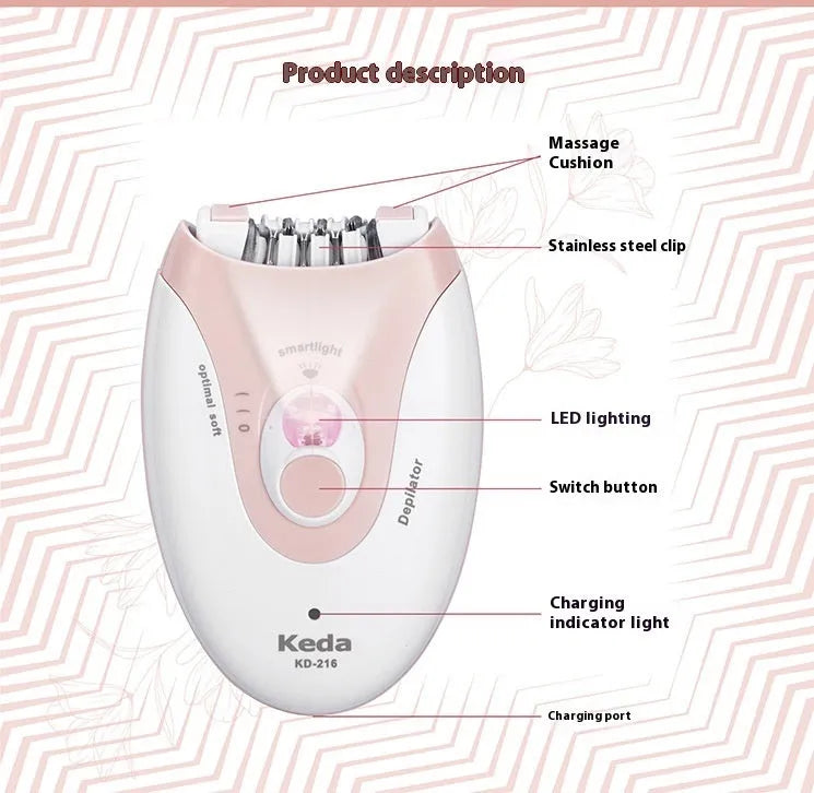 KEDA-216 coloured USB electric epilator for body hair removal with included charger and cleaning brush