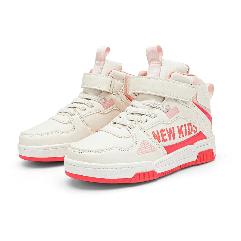 Children's coloured buckle sneakers with PU upper and rubber sole on a neutral background.