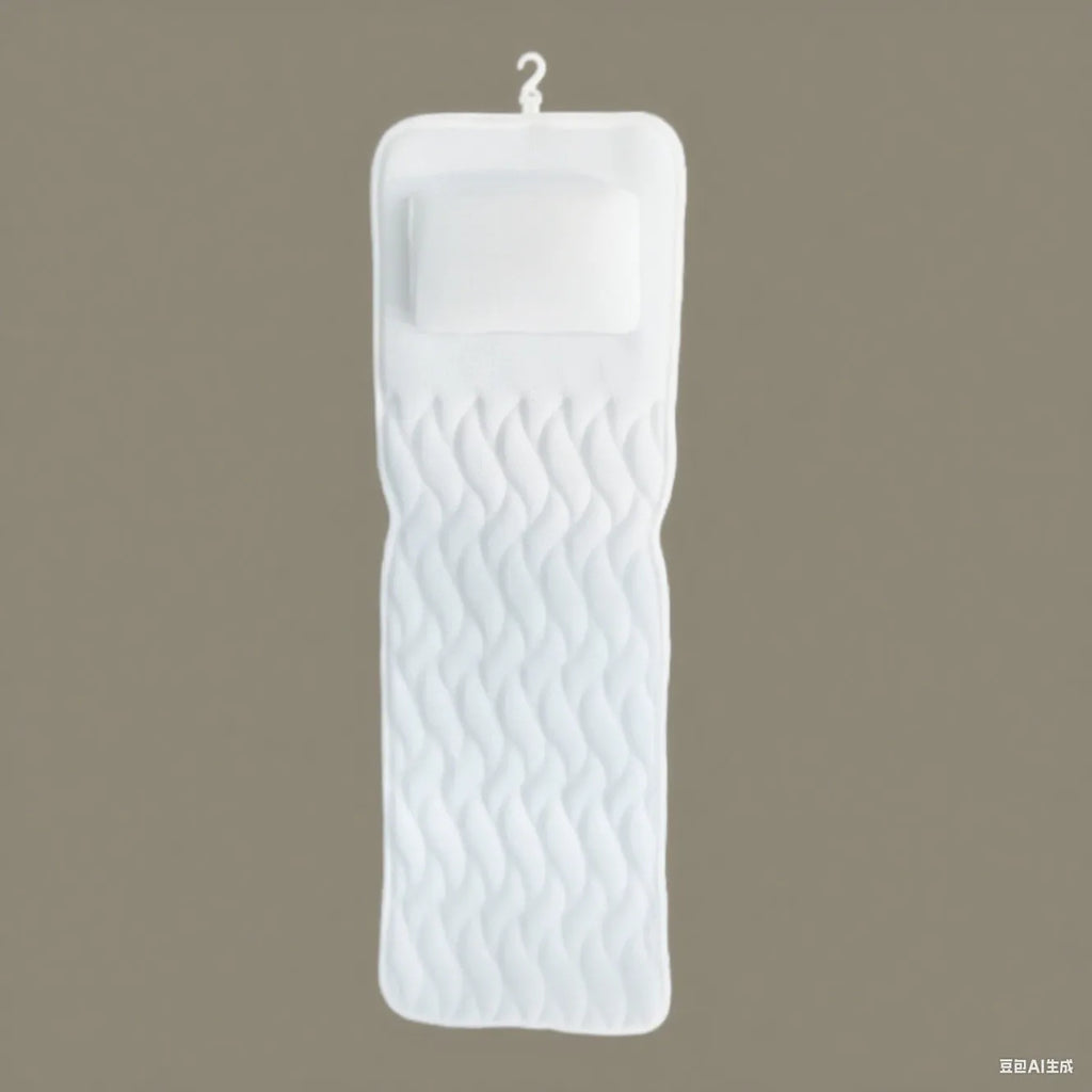 White bathtub pillow with 3D mesh fabric and suction cups on a tub surface.