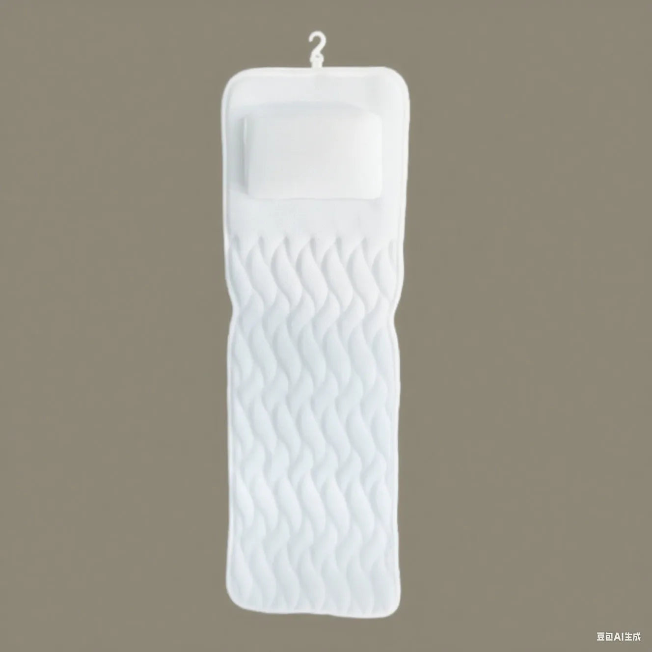 White bathtub pillow with 3D mesh fabric and suction cups on a tub surface.