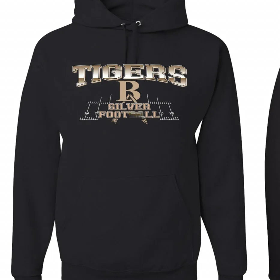 Black men's drop-shoulder sleeve hoodie on a hanger, showing relaxed fit and collar-free design.