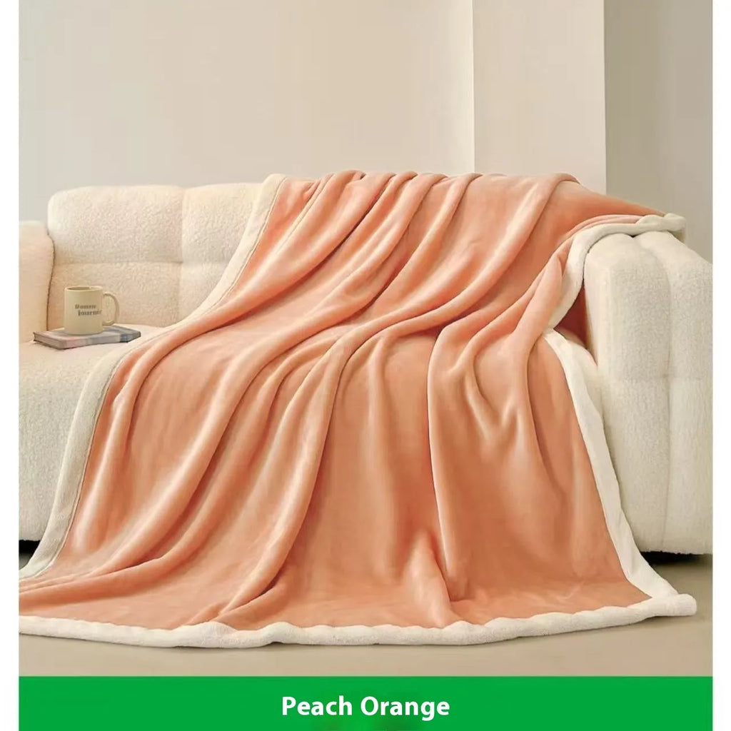 Soft solid colour flannel blanket in light luxury style, available in pink, green, peach orange, and lilac purple, sizes 150x200 and 200x230 cm