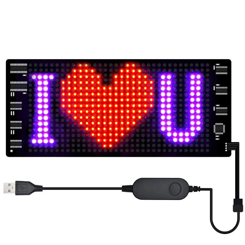 Programmable full-colour LED car sign with flexible bendable screen showing custom animation display