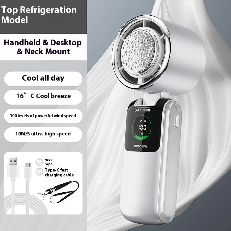 Handheld electric fan with neck strap shown in blue colour, featuring a folding design and USB port.