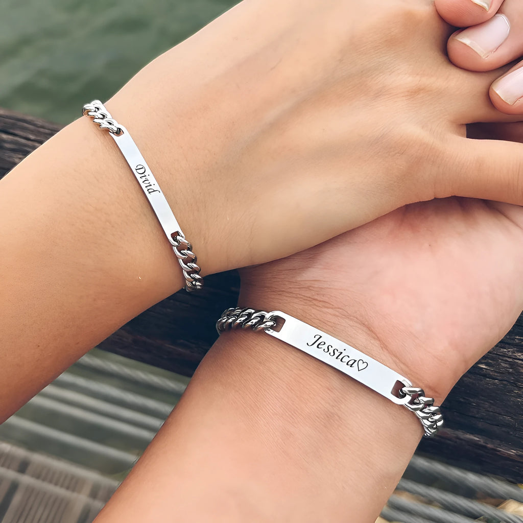 Engraved titanium steel couple bracelet with custom names in gold finish