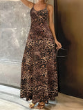 Women's dark brown leopard print dress with sleeveless round neck and shoulder strap details