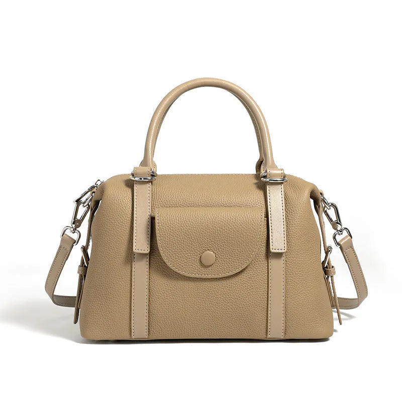 Genuine leather ladies handbag with contrast stitching in black, brown, or elephant grey