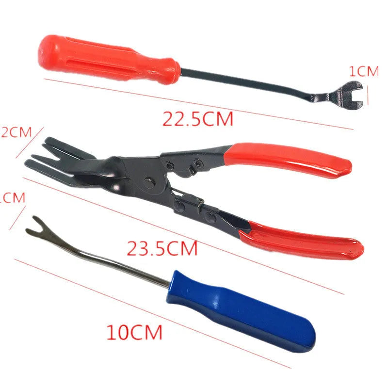 Red-handled steel clip driver tool for General Motors vehicle door panel fasteners.