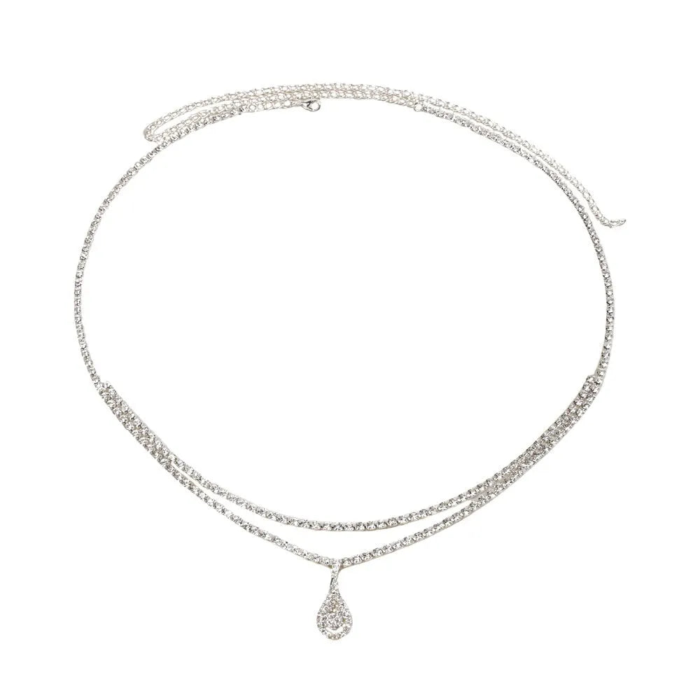 Gold women's waist chain with drop pendant and rhinestone details, 115cm length with lobster buckle