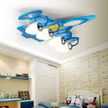 Cartoon aeroplane design remote-control LED ceiling light with rectangular glass shade for a child's room.