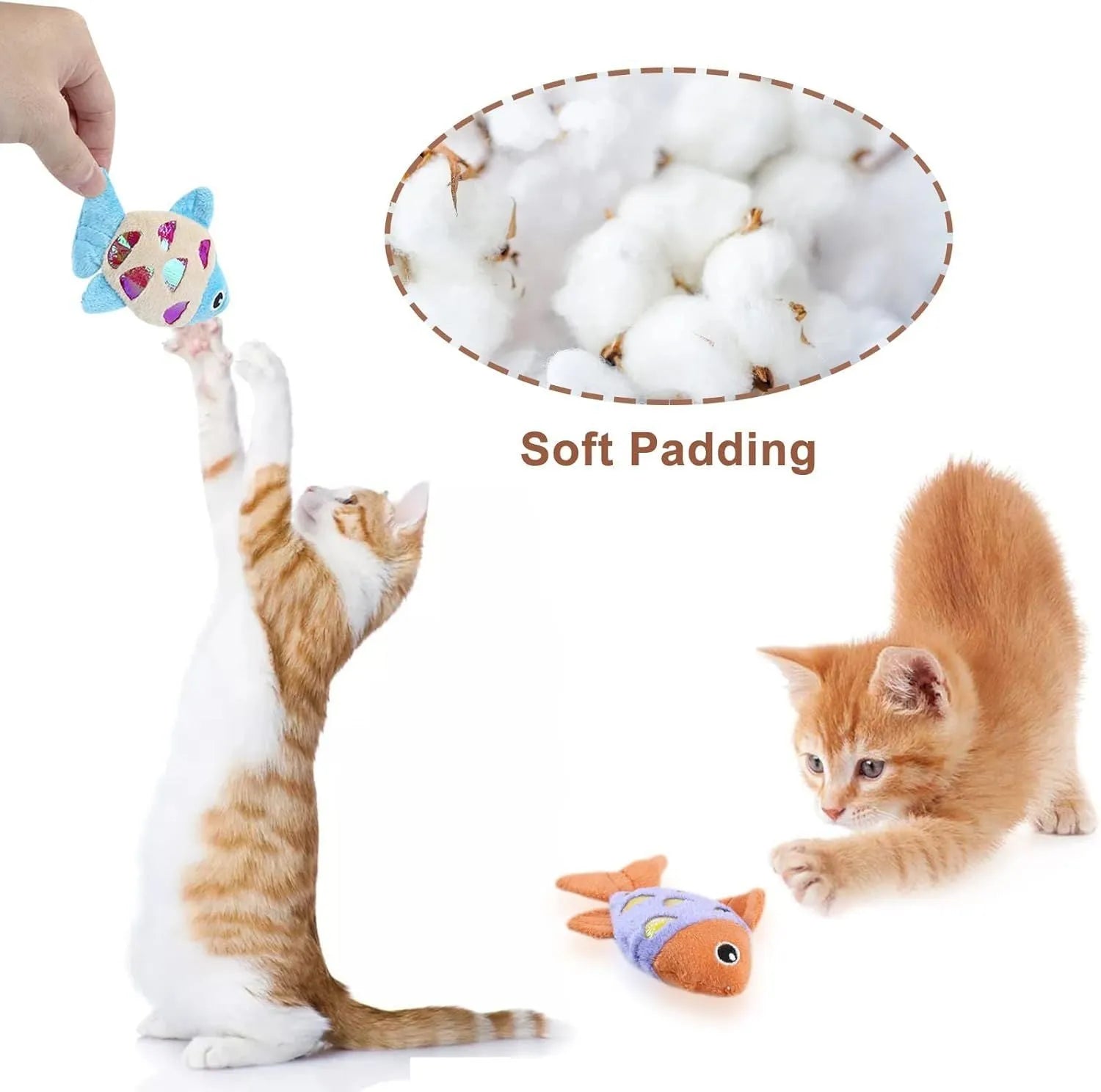 Two small fish-shaped cat toys with plush exterior in assorted colours