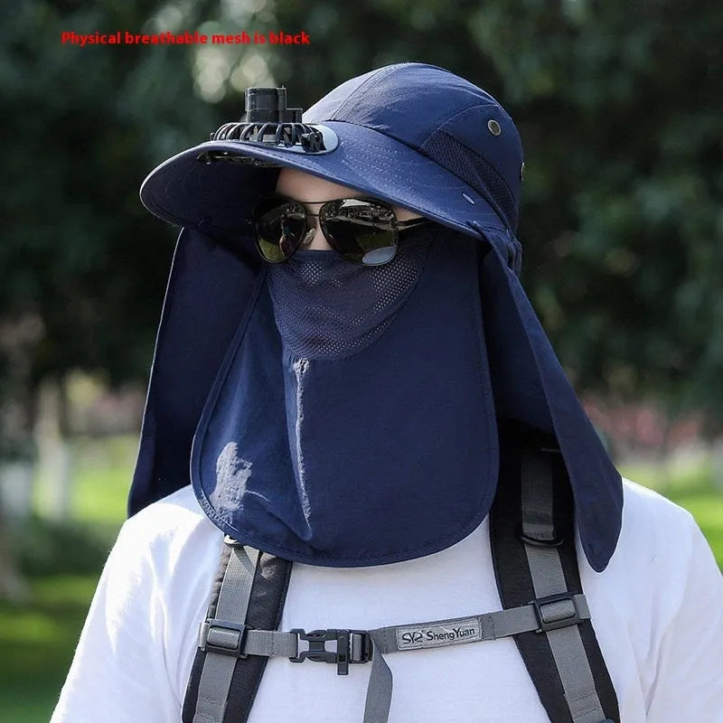 Man's khaki sun hat with wide brim, neck cover, and a visible USB fan module on the front.