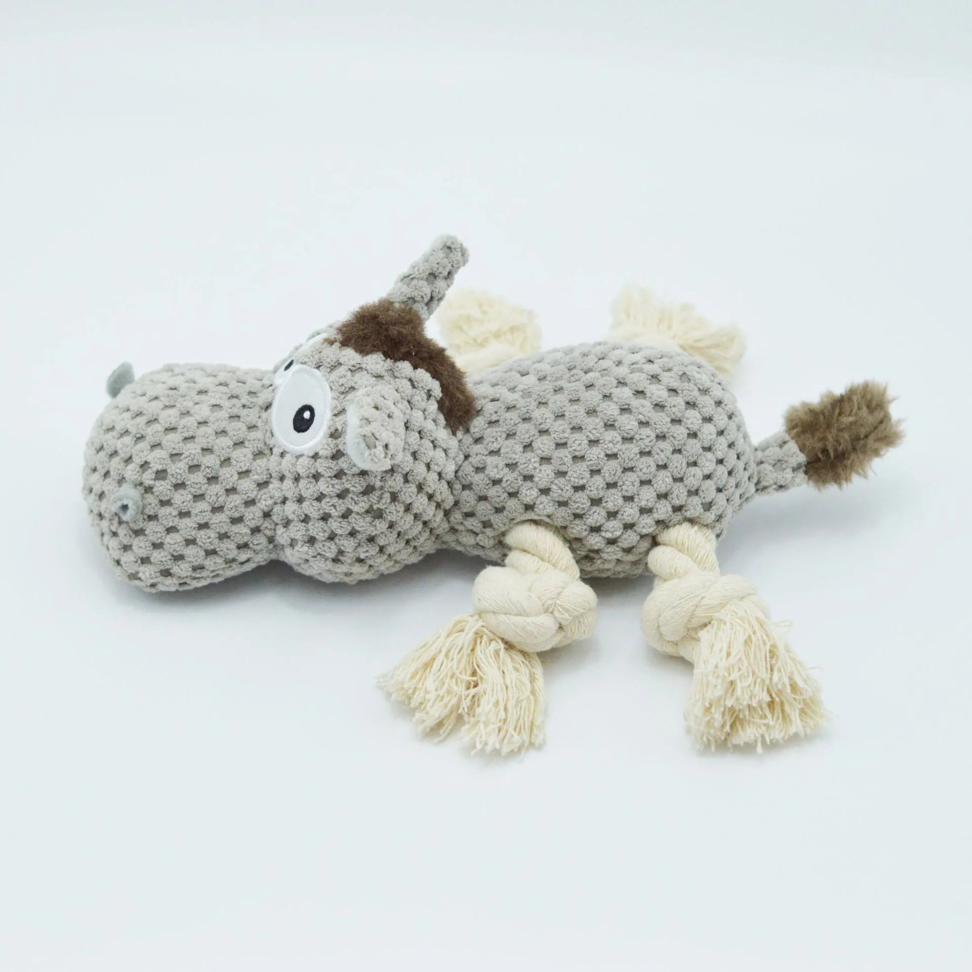 Grey donkey-shaped plush dog toy with squeaker and crinkle sound.