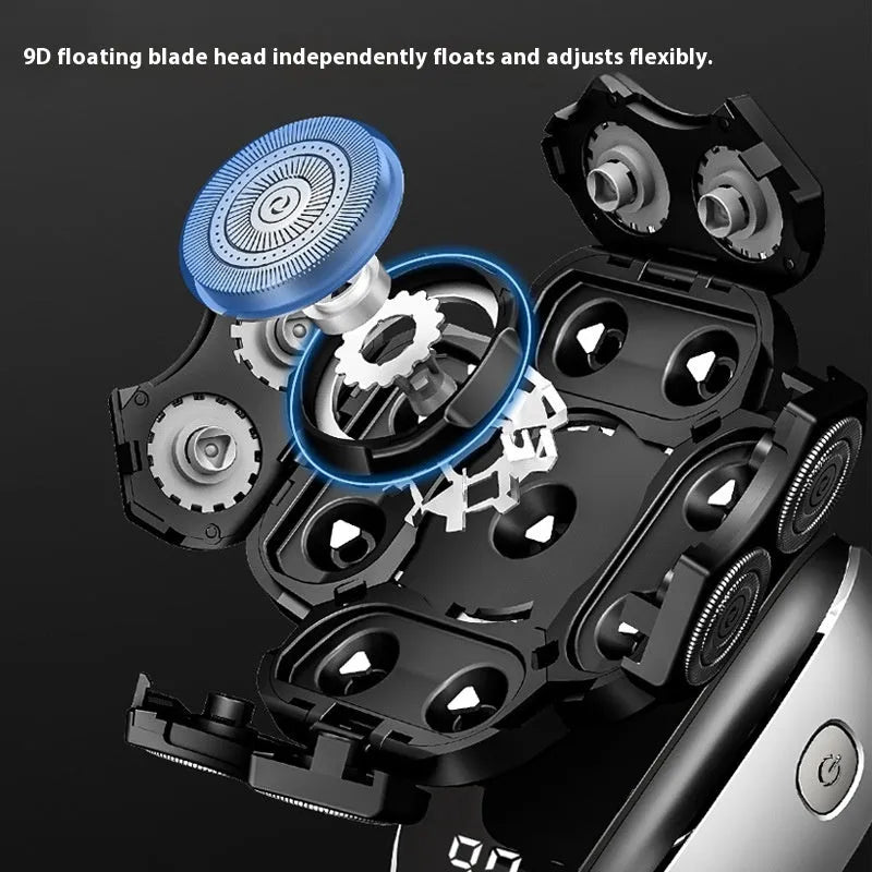 Black rechargeable 6-in-1 multifunctional hair clipper kit with attachments laid out.