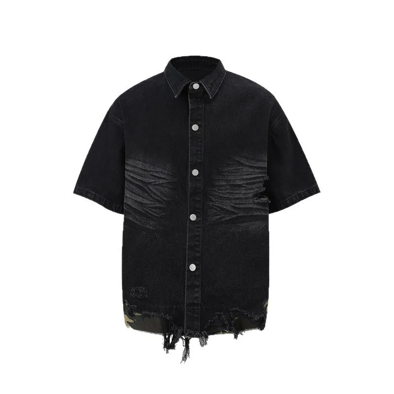 Black denim short sleeve jacket and shorts set with leopard print and cut edge stitching.
