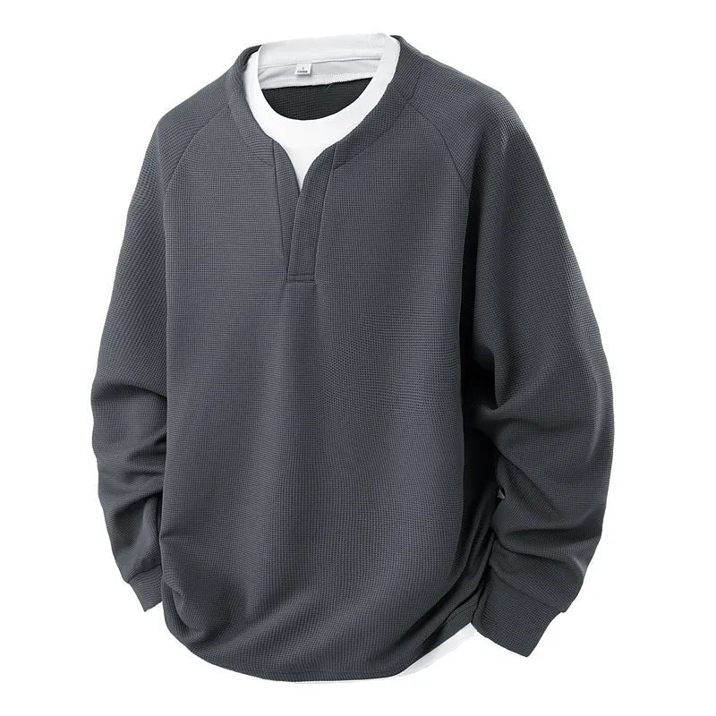 False-two-piece V-neck waffle sweater in solid colour, polyester fibre pullover top