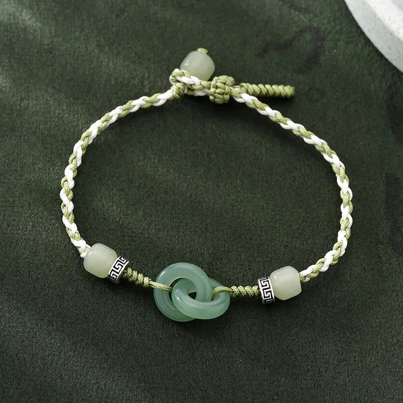 Green copper women's bracelet with peace buckle, jade double rings and animal zodiac ethnic design