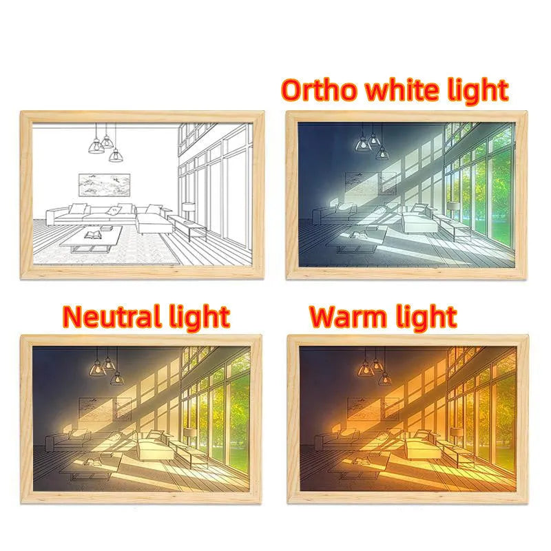 LED illuminated decorative picture light on a bedside table showing a sunny landscape scene.