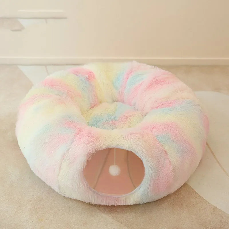 Closed cat tunnel plush nest in rainbow colour, 95cm diameter for multiple cats