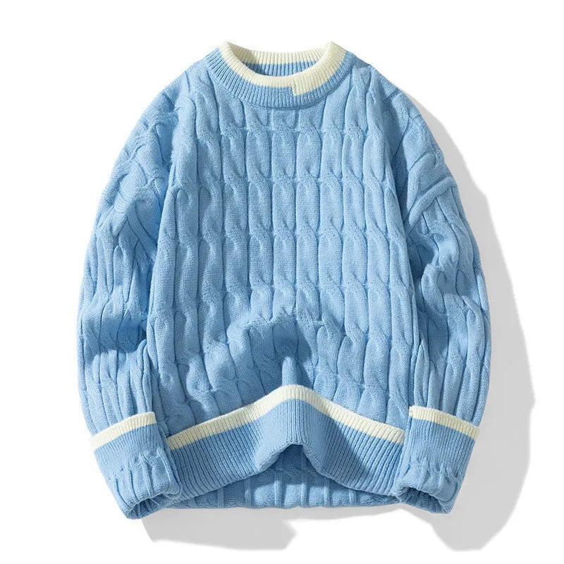Men's loose fit modal sweater in light blue, shown as a sporty pullover with long sleeves.