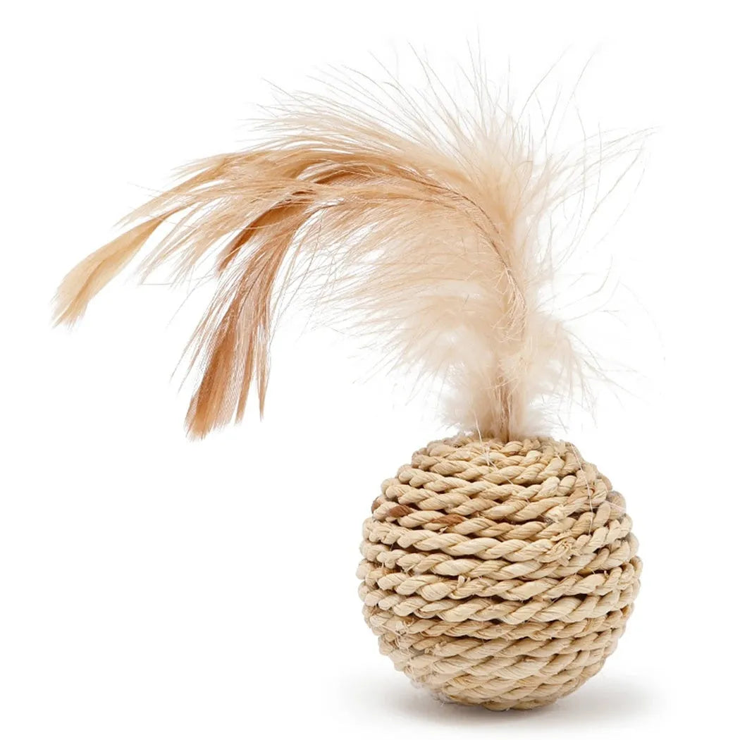 Two cat toys: hollow rattan ball with bell and faux feather ball in primary colours