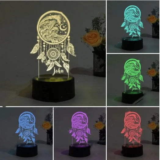 Custom dream catcher night light with acrylic shade and remote control on a table