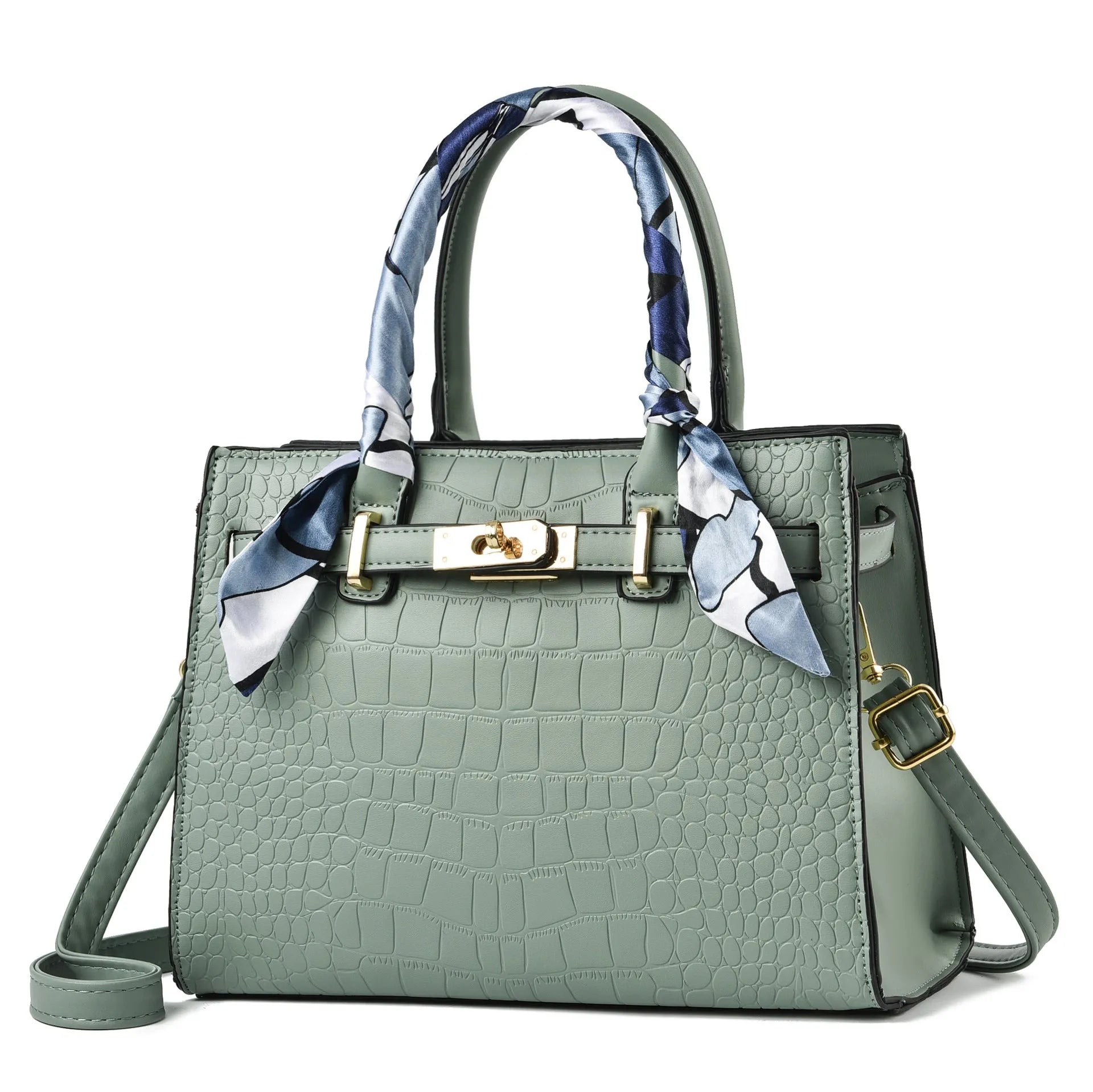 Fashion women's large capacity PU shoulder bag in black with matching green scarf, horizontal square shape, slit pocket outer bag
