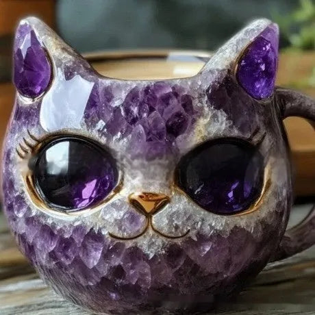 Pastel coloured geode style resin mug with a cat design, shown in purple.
