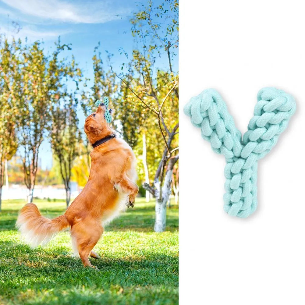 Y-shaped blue cotton rope dog toy for large breed dental health and chewing