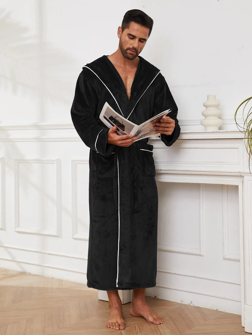 Men's grey flannel bathrobe with front tie belt, shown folded, for winter loungewear.