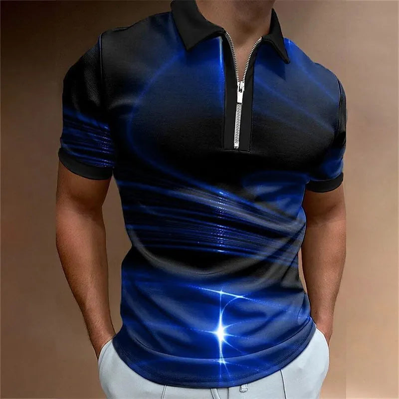 Men's blue lapel collar zipper polo shirt with short sleeves and printed design