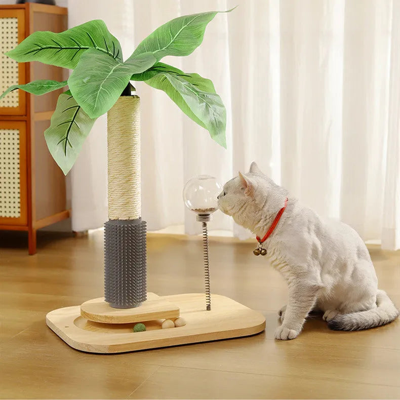 Tall, light brown wooden cat scratching post with a square base and a hanging toy featuring a blue ball.