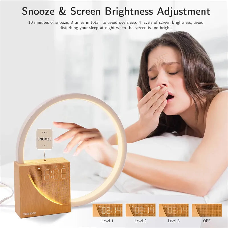 Navy blue wooden touch control bedside lamp with digital alarm clock display and natural sound functions