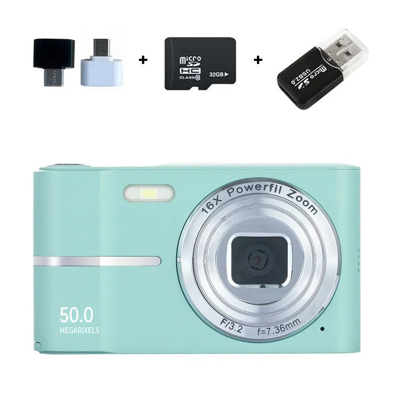 Compact HD 4K digital student camera in black, green, pink, or white with a lanyard and charging cable.