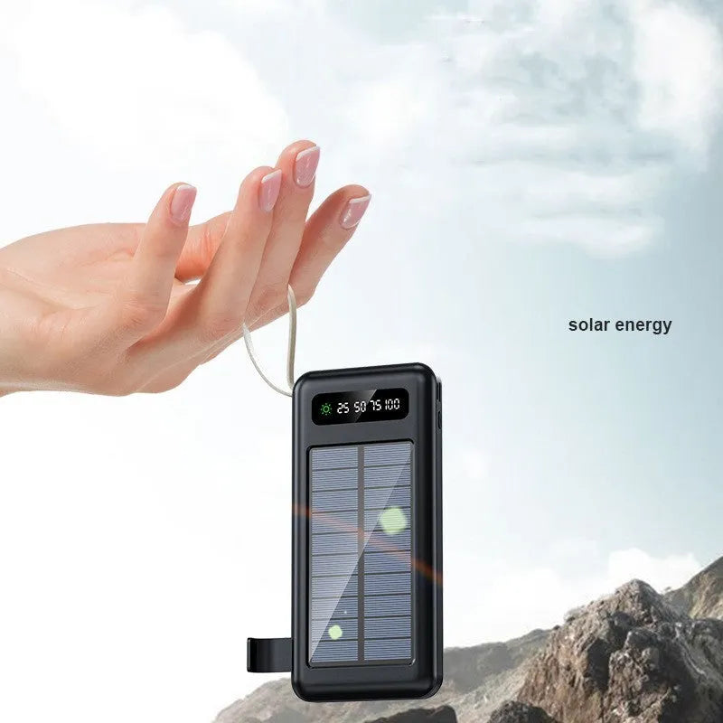 Solar Super Capacity Power Bank in black or white, showing solar panel and compact 144mm design.
