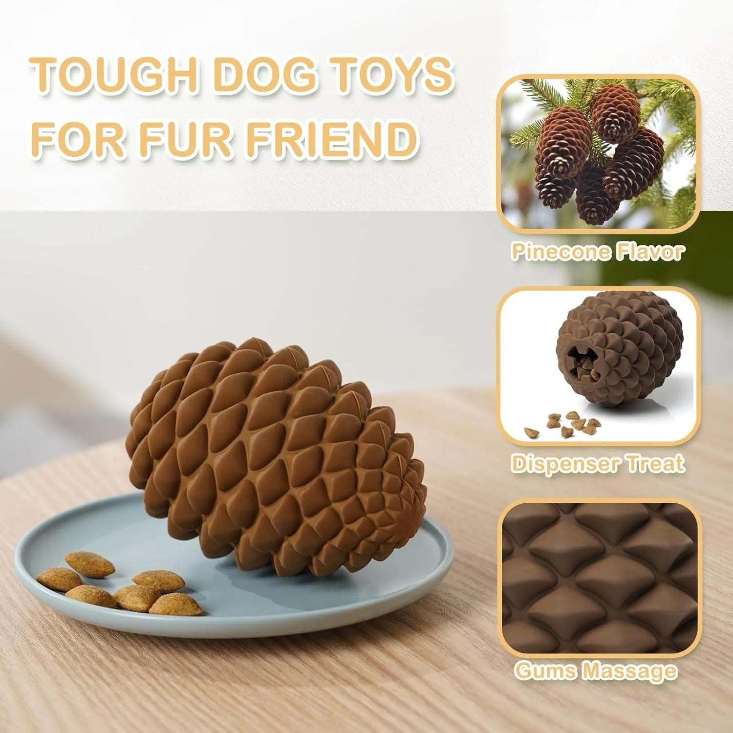 Yellow pine cone-shaped natural rubber dog chew toy with treat dispenser on a white background.