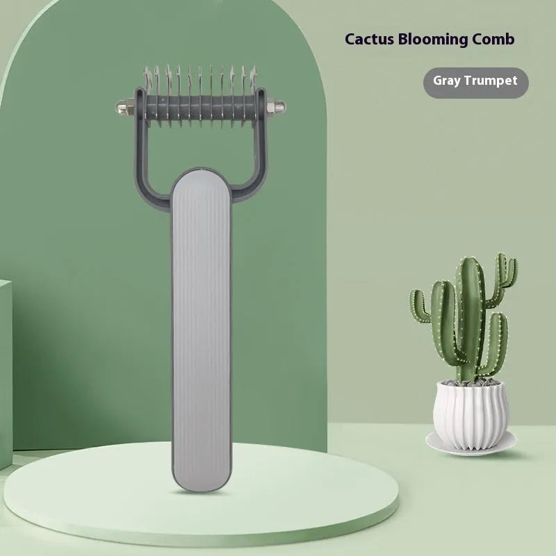 Green and grey dog detangling combs showing small and large size options with stainless steel pins on a PP handle.
