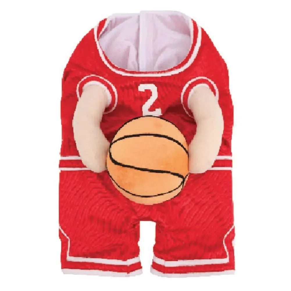 Red dog basketball costume with attached ball prop on small breed dog