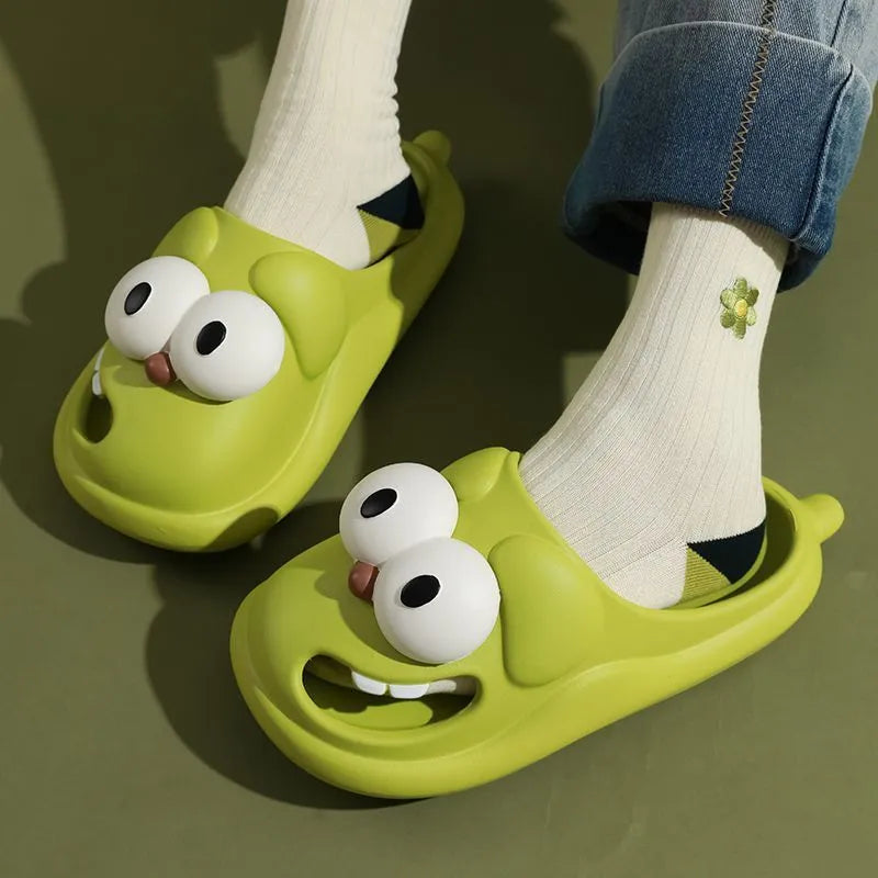 Cartoon big eye dog slippers for women in green, PVC upper, indoor house shoes